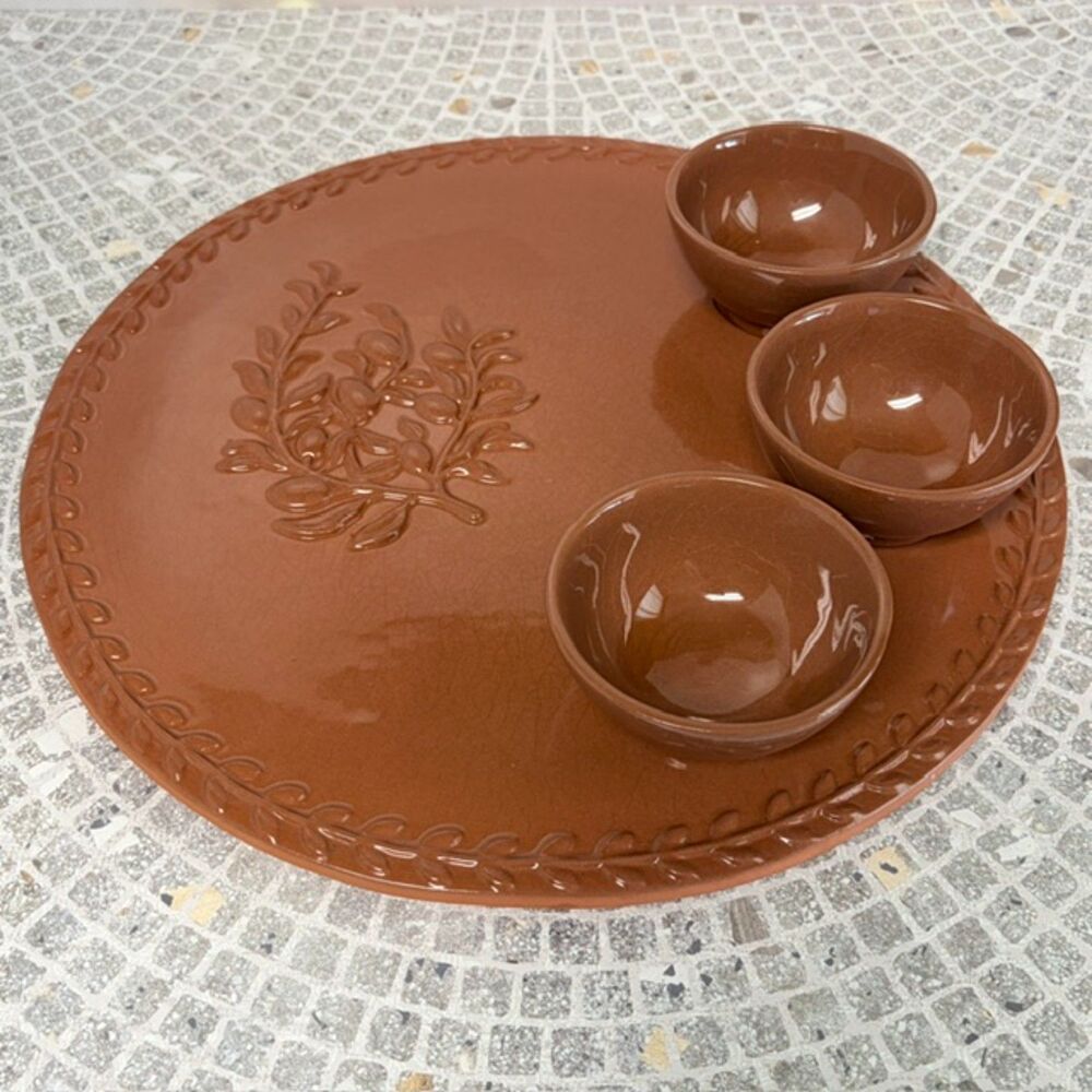 Vintage Boston Warehouse Italy Terracotta Olive Branch Platter 3 Bowls